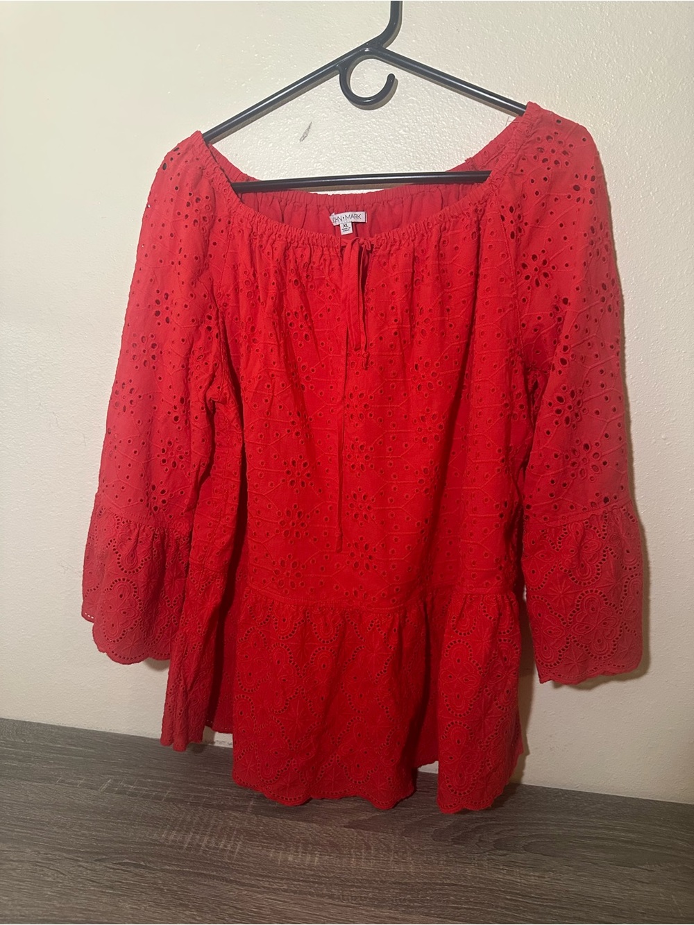 John Mark Women’s Red Eyelet Peasant Blouse